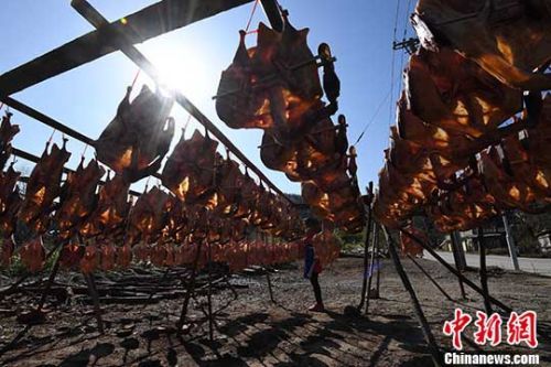 图为郑湖乡一家制作板鸭的村民在翻晒板鸭。<a target='_blank' href='http://www.chinanews.com/'>中新社</a>记者 张斌 摄
