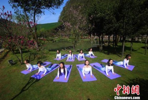 瑜伽爱好者在张家界武陵源黄龙洞景区生态广场练瑜伽。　吴勇兵　摄